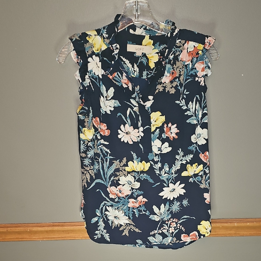 LOFT Navy Floral Sleeveless Blouse